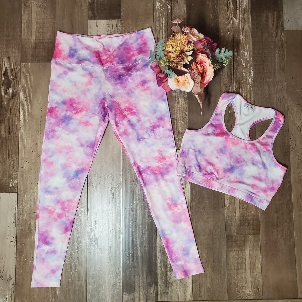 CM Fashion Pink & Purple Tie Dye Crop Top and Leggings Matching Set Size Large